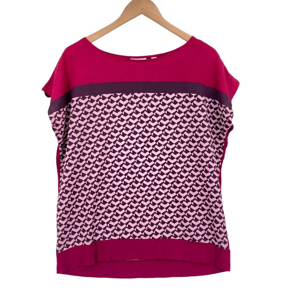 New York & Company Blouse Top Womens XL Pink Geo Print Boat Neck Pullover